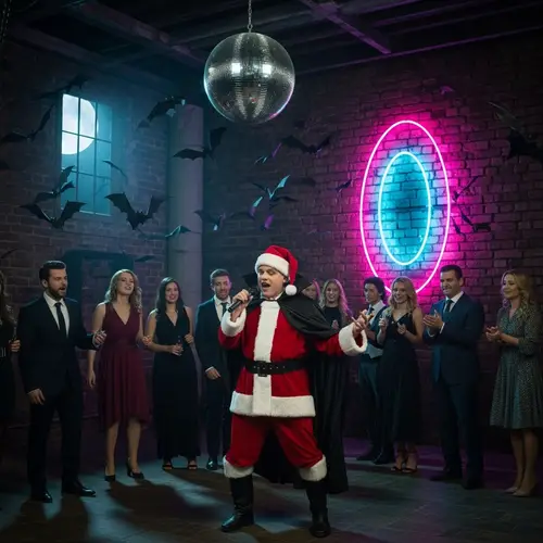 Vampire Santa at Corporate Party: Haunting Karaoke Spectacle