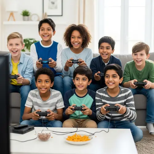 Kids at Home Having Fun Playing PS4 Together