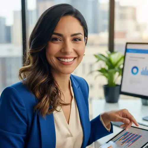 Joyful Hispanic Female Marketing Manager | Office Portrait