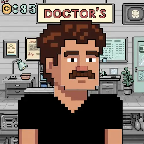 8-Bit Retro Video Game Character in Pixelated Office