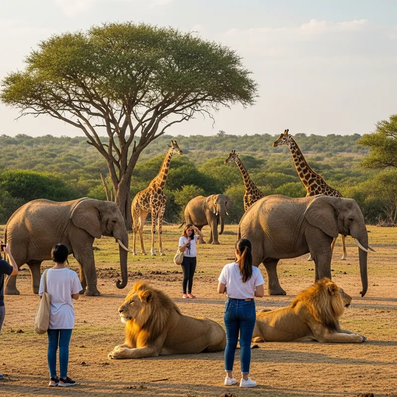 Wildlife Harmony: Majestic Elephants, Lions, and Giraffes in Natural Setting