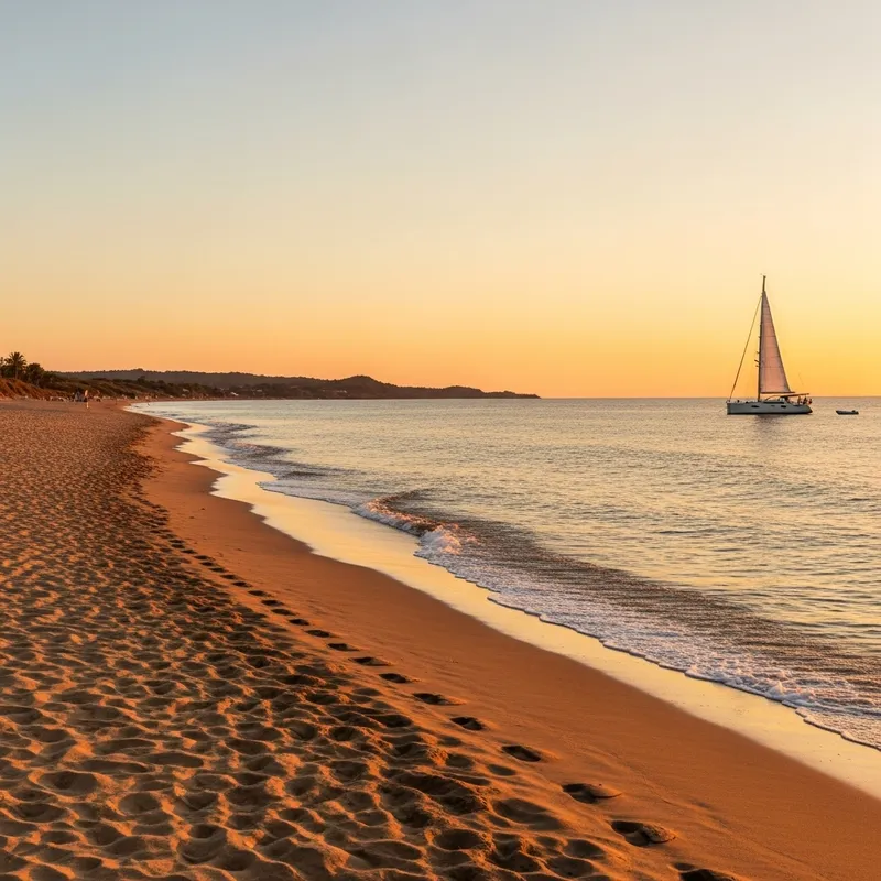Tranquil Coastal Landscape with Sandy Beach and Sailboat at Sunset
