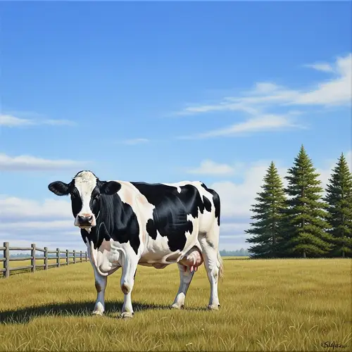 Peaceful Cow Grazing in Open Field Painting