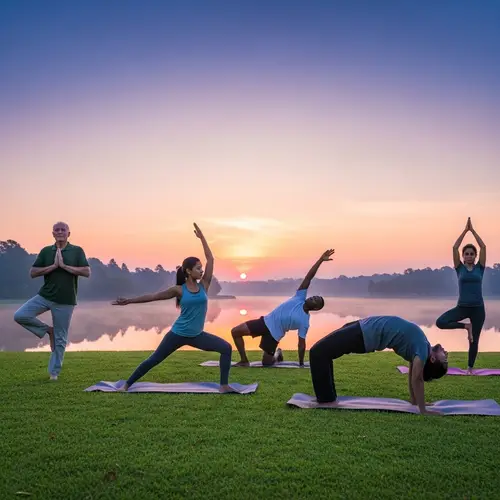 Diverse Group Practicing Yoga at Sunrise