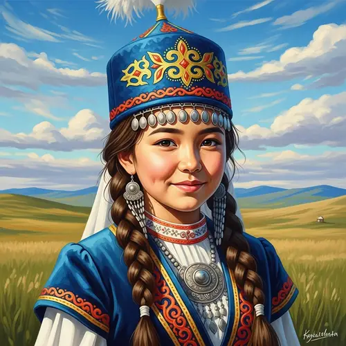 Vibrant Acrylic Painting of Young Kazakh Girl in Traditional Attire