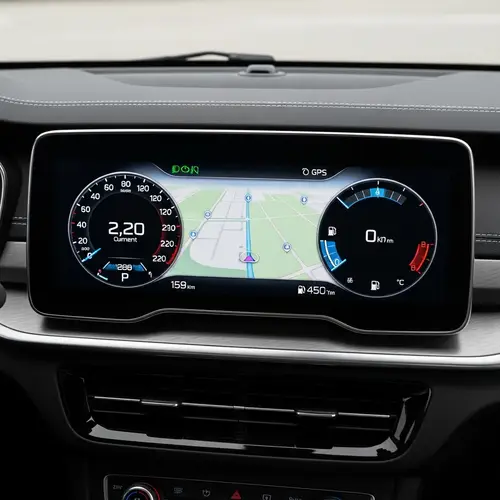 Modern Digital Car Dashboard: Touch Screen GPS & LED Indicators