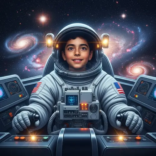 Young Hispanic Boy in Astronaut Suit on Futuristic Spaceship
