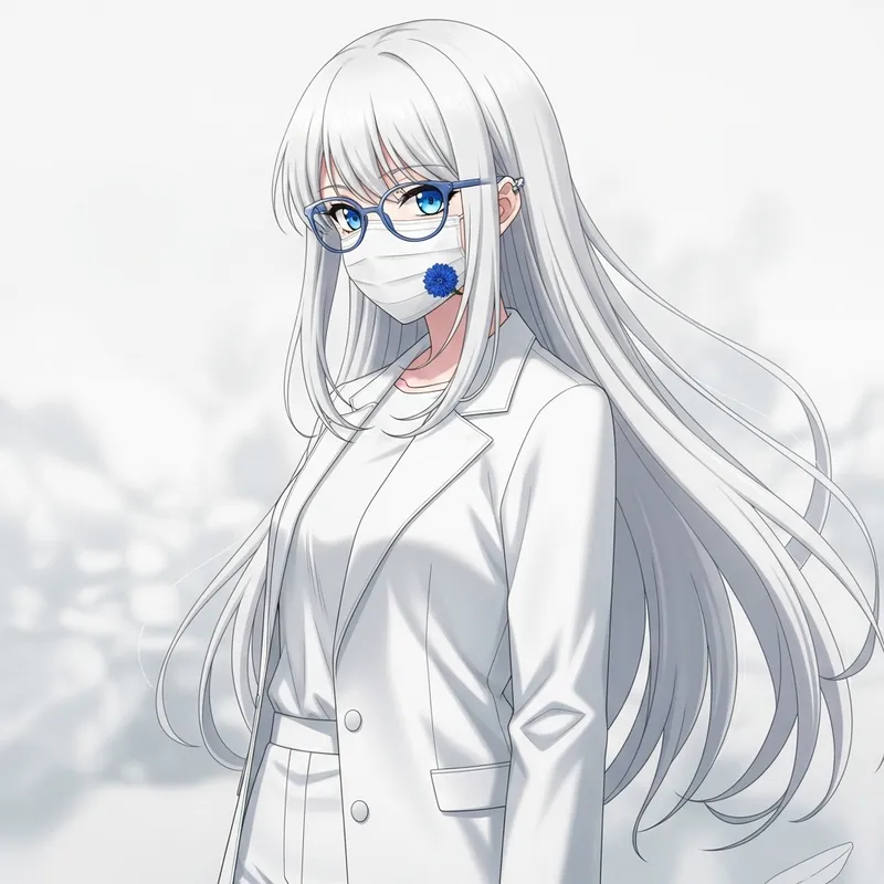 Anime Girl with White Hair & Golobumi Glasses | Pure White Attire & Mask