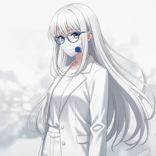 Anime Girl with White Hair and Stylish Glasses | White Attire & Mask