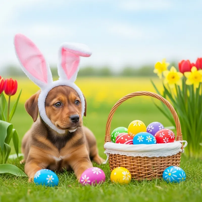 Enchanting Easter Puppy with Rabbit Ears and Basket Fantasy
