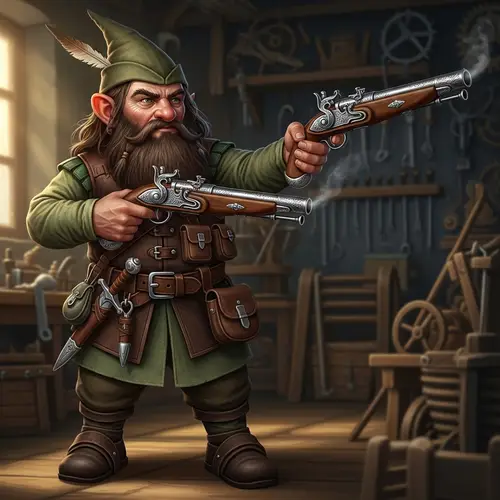 Medieval Gnome with Brown Hair and Powder Pistols