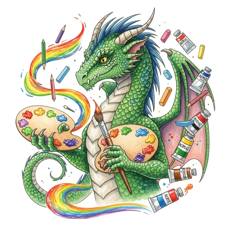 Dragon with Artistic Materials | Vibrant Watercolor Painting