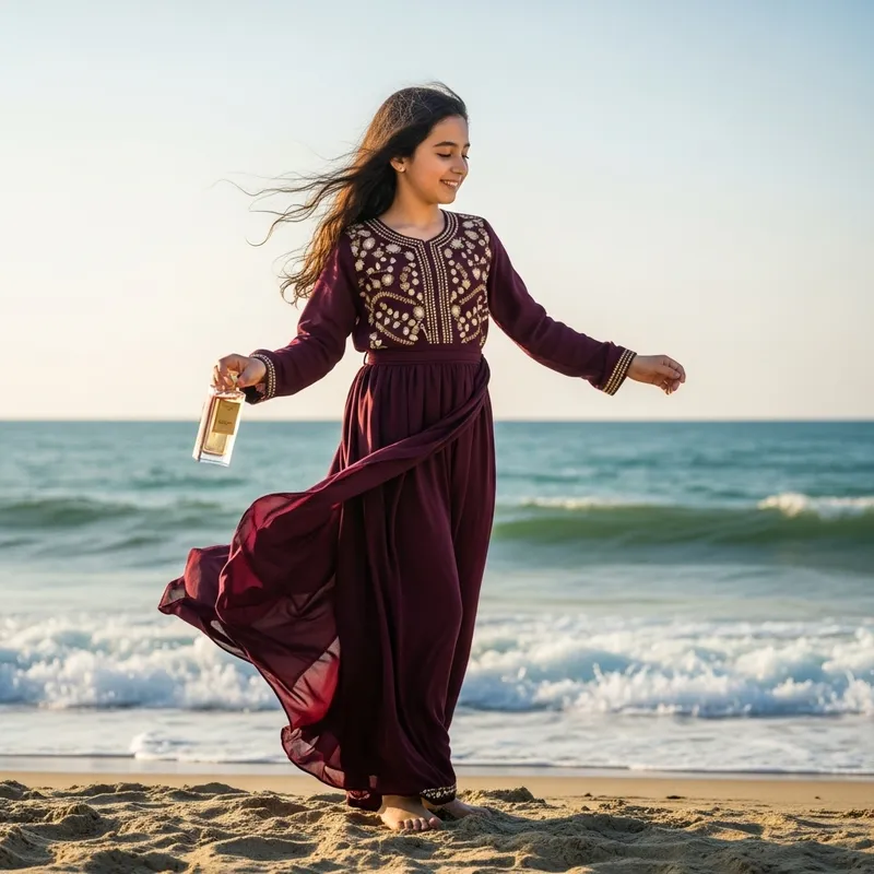 Girl Dancing by the Seaside with a Fragrance in Hand
