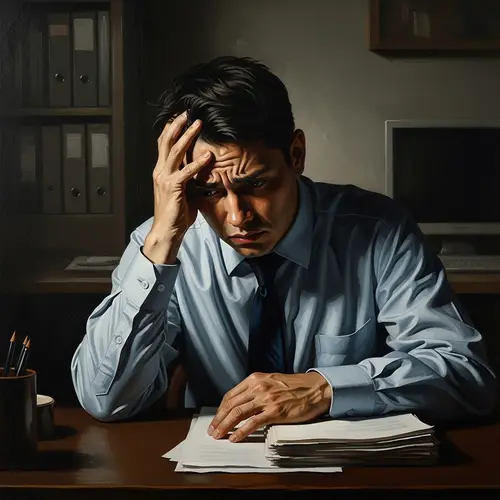 European Oil Painting Style Depiction of Worried Workplace Professional