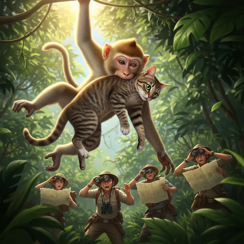 Monkey With Cat in Mouth - Escaping Pursuers Monkey With Cat in Mouth - Escaping Pursuers