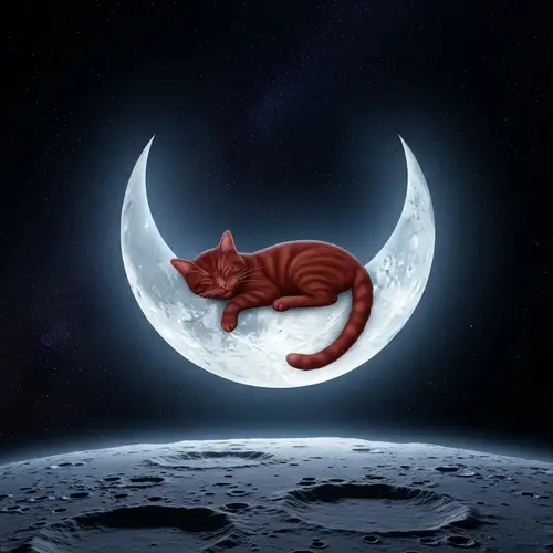 Red Cat Sleeping on Moon - Tranquil and Whimsical Scene