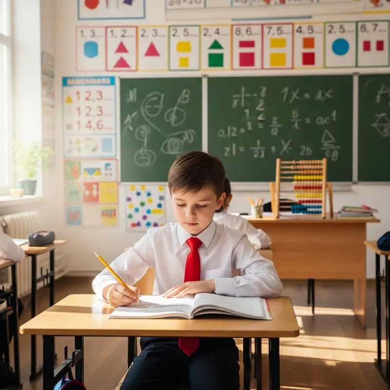 7-Year-Old Caucasian Boy in Primary School Math Class