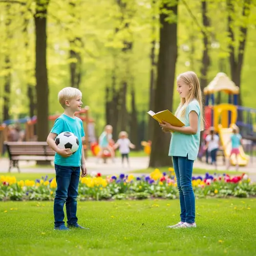 Young Blonde Boy and Girl Meet in Park - Joyful Encounter