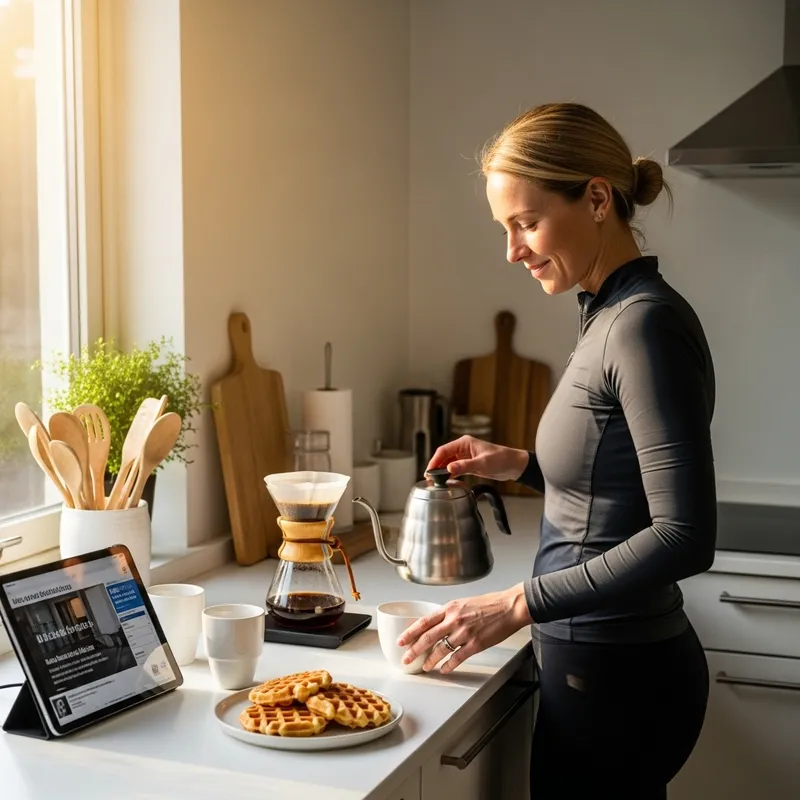 Scandinavian Woman Brewing Coffee in Minimalist Kitchen | Tranquil Morning Scene