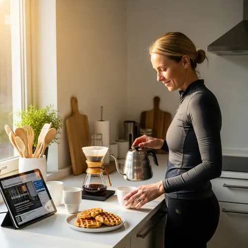 Scandinavian Cyclist Woman Brewing Coffee in Minimalist Kitchen