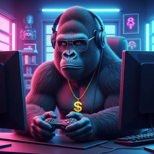 Realistic Gorilla Gamer with Golden Necklace in Neon Room