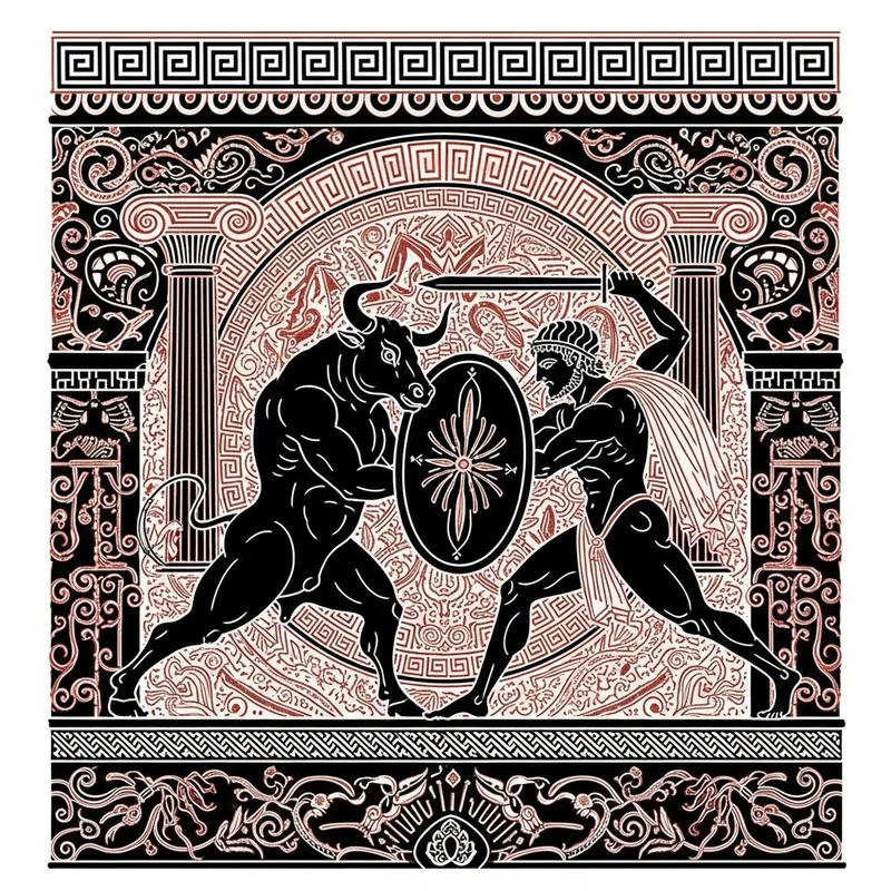 Theseus vs Minotaur: Greek Mythology Lineart Silhouettes Theseus vs Minotaur: Greek Mythology Lineart Silhouettes