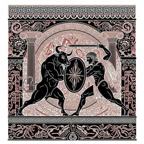 Theseus vs Minotaur: Ancient Greek Mythology Lineart Silhouettes