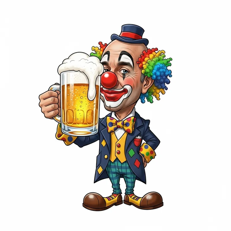 Prominent Italian Politician as Cheerful Clown Drinking Beer