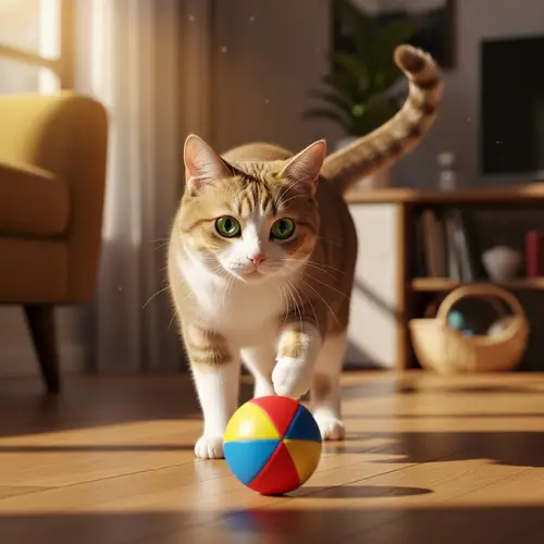 Playful Caramel and White Cat with Multicolored Ball