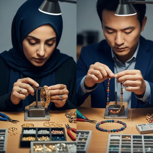 Artisan Jewelers Crafting Gold Bracelet and Bead Necklace