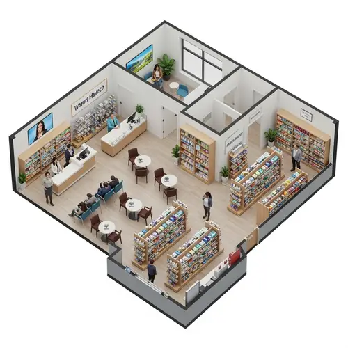 3D Pharmacy Floor Plan | Spacious Waiting Area, Diverse Pharmacists & Consultation Room