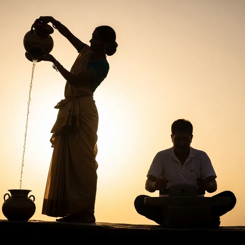 Silhouette Art: Woman with Urn & Man with Grindstone