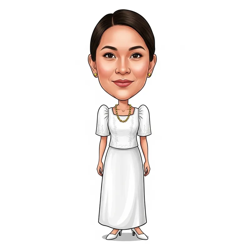 Playful Filipiniana Caricature: Elegant White Dress
