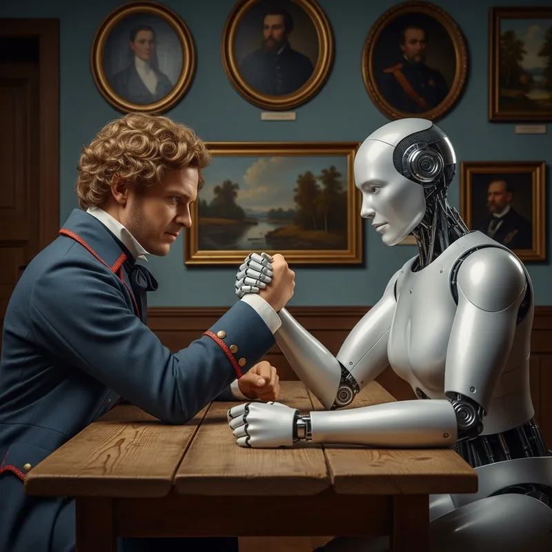Lifelike Caucasian Man vs. Futuristic Robot Arm-Wrestling