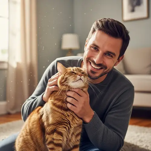 Joyful Man with Overweight Pet Cat | Bright Interior Scene