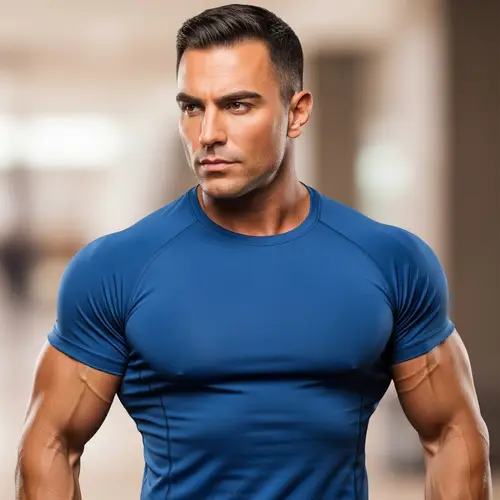 Muscular Man with Strong Features in Blue Shirt
