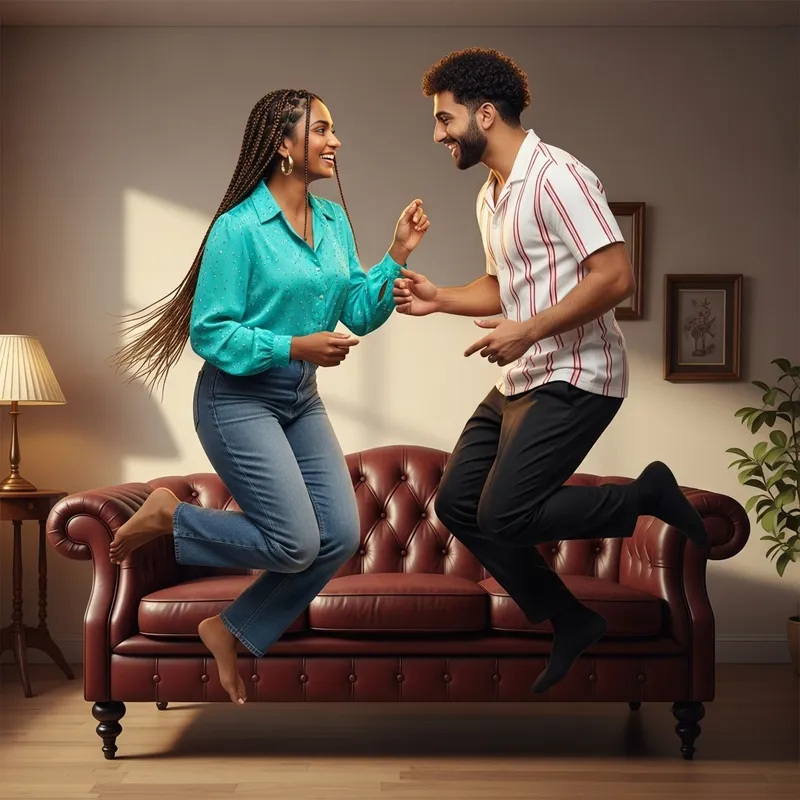 Elegant Couple Levitating Over Stylish Sofa