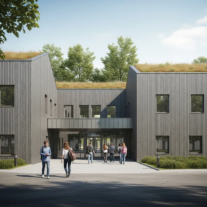 Modern Gray Urban School with Metal Façade and Green Roofs