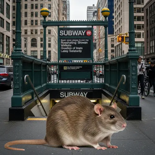 Quirky Urban Scene: Oversized Rat at Metro stop