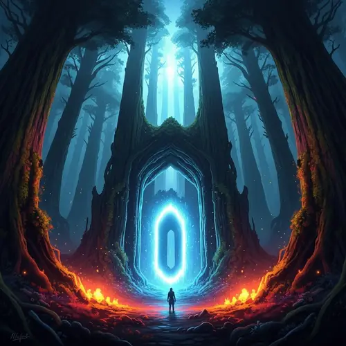Mystical Forest Scene with Glowing Portal | Ancient Trees | Fantasy Art