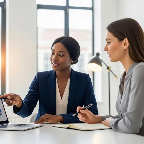Professional Black Woman Coaching Caucasian Woman in Contemporary Office