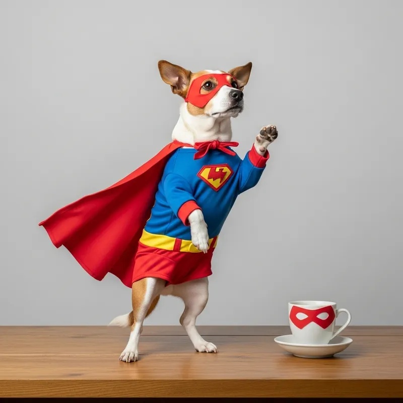Superhero Dog on Table: Brave Canine Costume Heroics