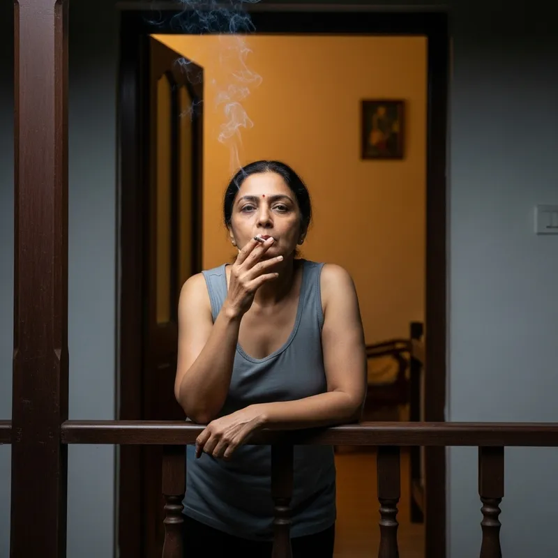 Nighttime Reflection: Woman's Final Cigarette on Porch