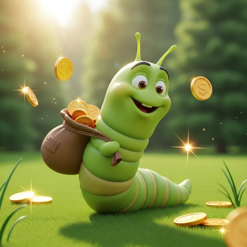 Cheerful 3D Worm Collecting Golden Coins