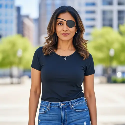Confident South Asian Woman in 40s with Eyepatch - Modern Casual Look