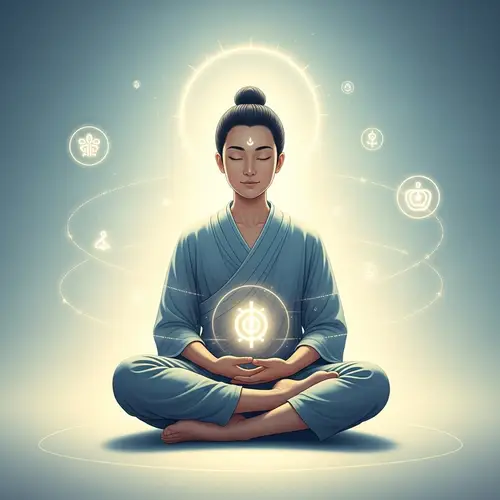 Serene Meditation Illustration with Asian Figure in Lotus Pose
