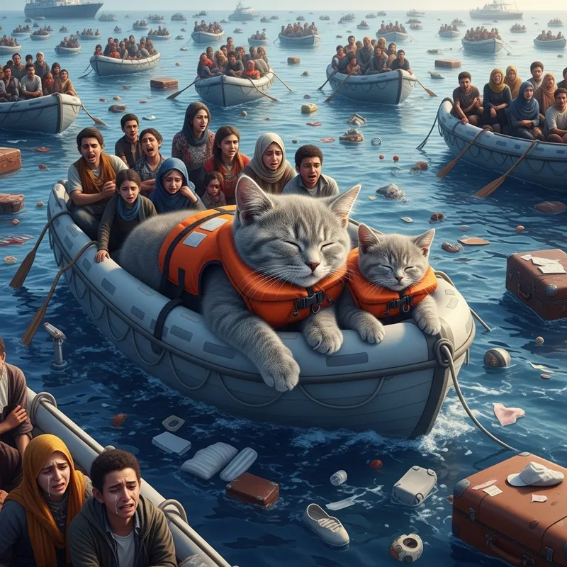 Real Life Shipwreck: Grey Cat and Kitten in Orange Life Jackets with Rescued People