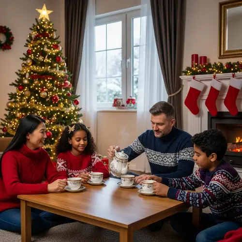 Traditional Christmas Family Tea Ritual in Cozy Room