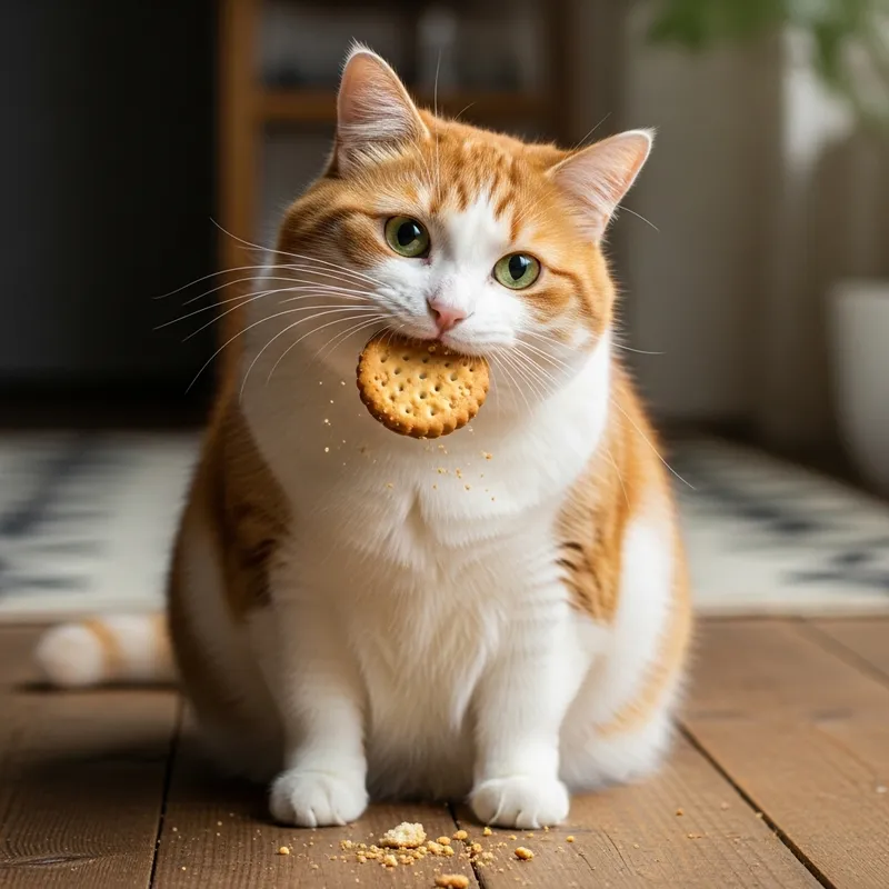 Chubby Cat Joyfully Eating Biscuit - Adorable Kitty Image