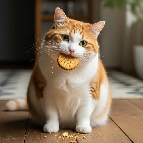 Chubby Cat Enjoying Biscuit - Cute and Happy Kitty